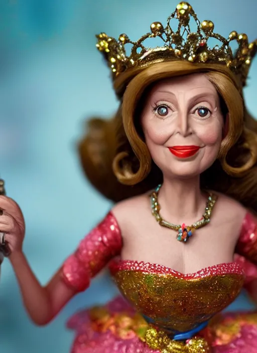 Image similar to closeup face profile portrait of tin toy nancy pelosi as a fairytale princess wearing a crown eating cakes, bikini, depth of field, zeiss lens, detailed, symmetrical, centered, fashion photoshoot, by nicoletta ceccoli, mark ryden, lostfish, breathtaking, 8 k resolution, extremely detailed, beautiful, establishing shot, artistic, hyperrealistic, octane render
