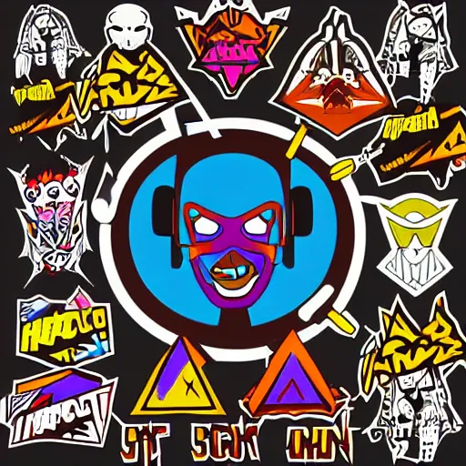 Prompt: svg vector sticker of absolutely insane-mad-robotic-hero-villain, rocking out, wearing headphones, huge speakers, dancing, rave, DJ, spinning records, digital art, amazing composition, rule-of-thirds, award-winning, trending on artstation, featured on deviantart