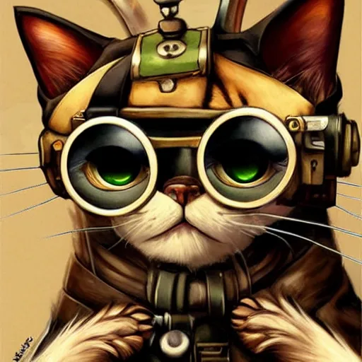 Image similar to a cat with steampunk googles, by ROSS tran, studio ghibli inspired