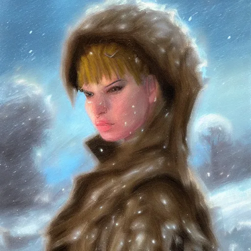 Prompt: ‘ icewind dale ’ themed ‘ icewind dale 2 ’ portrait by ‘ justin sweet ’, falling snow, soft focus, oil paint,