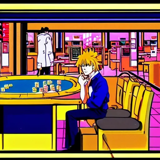 Image similar to man losing all his money at the poker table, sprite, vaporwave nostalgia, directed by beat takeshi, visual novel cg, 8 0 s anime vibe, kimagure orange road, maison ikkoku, sketch by osamu tezuka, directed by makoto shinkai and beat takeshi