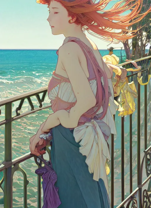 Image similar to pretty young woman leaning against the railing at the beach, path traced, highly detailed, high quality, digital painting, by studio ghibli and alphonse mucha, leesha hannigan, makoto shinkai, disney