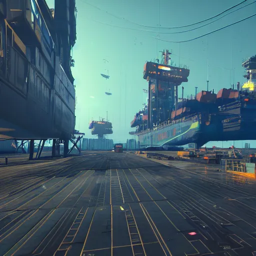 Prompt: an anti-gravity hovering (container vessel) at port in Night City Cyberpunk 2077, muted cyberpunk style, tranquil, desolate, atmospheric, hazy, sweltering, autochrome, 8k, reflections, octane render, unreal engine 5