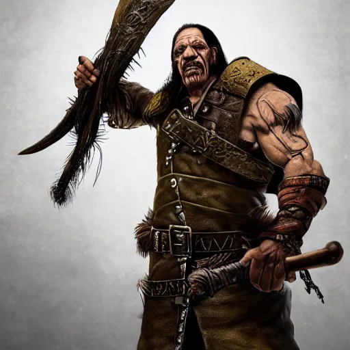 Image similar to Danny Trejo in Warhammer Vermintide 2, 3D render, digital art, realistic character concept, warhammer fantasy, dark and gritty atmosphere, golden ratio, cinematic lighting, hyperdetailed, high resolution, insanely detailed and intricate, trending on artstation and unreal engine