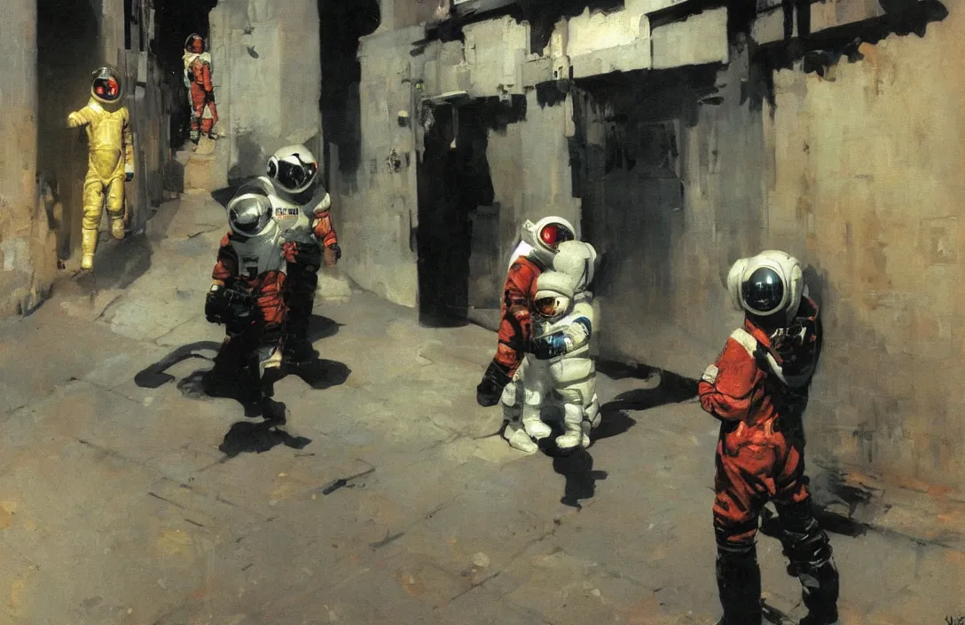 Prompt: one child dressed as spacemen, in an alleyway detailed painting, epic lighting, by ilya repin, phil hale and kent williams