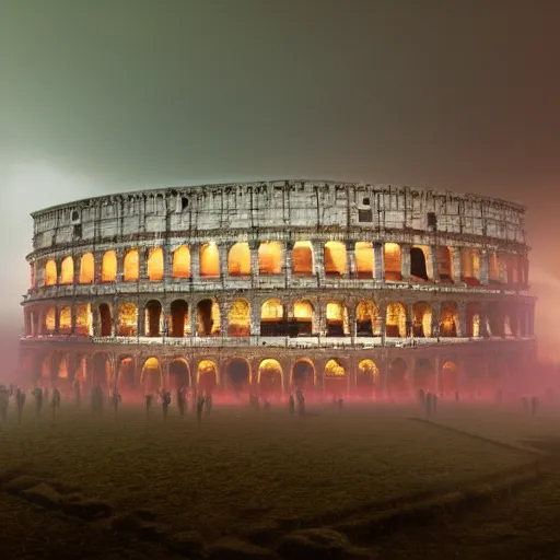 Image similar to a roman colosseum with a huge crowd of gladiators, rain, fog, lightning, volumetric light, blue hour, dusk, blue, teal, octane render, Cornelis Vreedenburgh, highly detailed