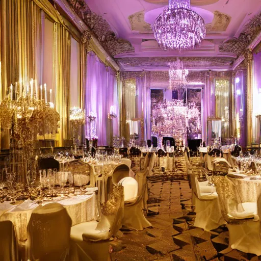 Image similar to photo, a giant monstrous creature made out of shiny glittering reflecting ornate elegant crystal stemware, inside a grand huge elegant ballroom