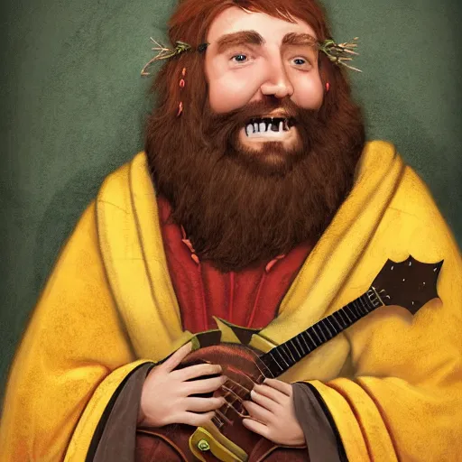 Image similar to anthropomorphic nymphicus hollandicus bard, yellow robe, playing a mandolin, digital art, d & d, character art, trending on artstation