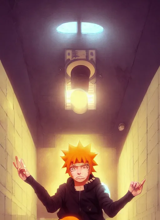 Prompt: highly detailed prison cell with naruto uzumaki with black hair, hitting a wall, art by greg rutkowski, loish, rhads, ferdinand knab, makoto shinkai and lois van baarle, ilya kuvshinov, rossdraws, tom bagshaw, global illumination, radiant light, detailed and intricate environment