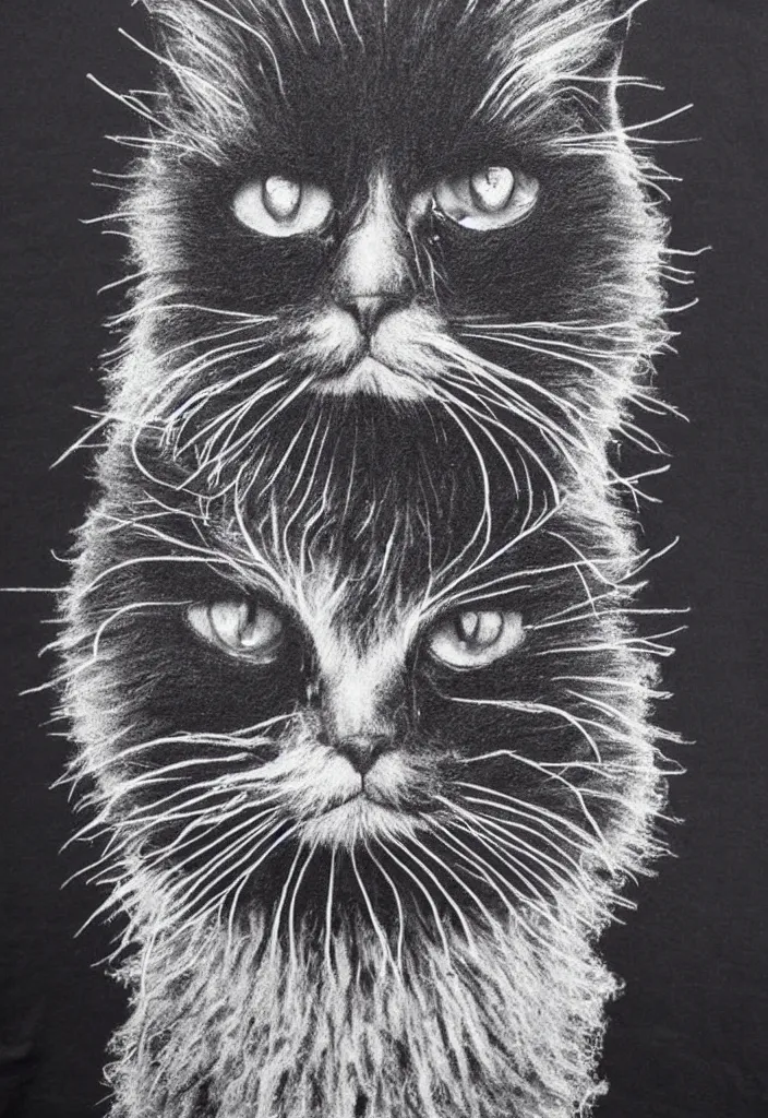 Image similar to fluffy cat t - shirt design, afro comb, by jules julien, dark grisaille monochrome neon spraypaint, ironic