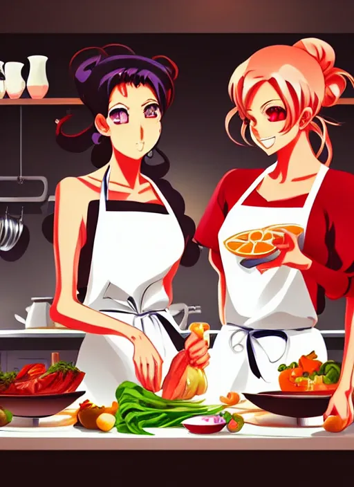 Image similar to two beautiful housewives in the kitchen on a hot summer evening, gorgeous faces, thick lines, cinematic lighting, detailed anime art