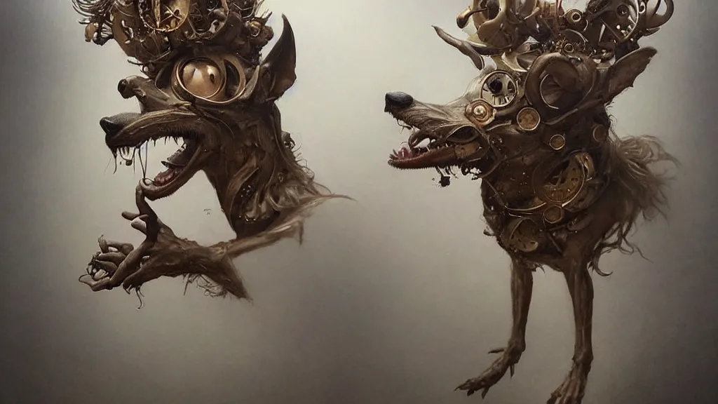 Prompt: a clockwork dog contemplating its existence, in the style of peter mohrbacher by weta digital and beth cavener, masterpiece, award winning, high face symmetry, intricatein the style of peter mohrbacher by weta digital and beth cavener, masterpiece, award winning, high face symmetry, intricate