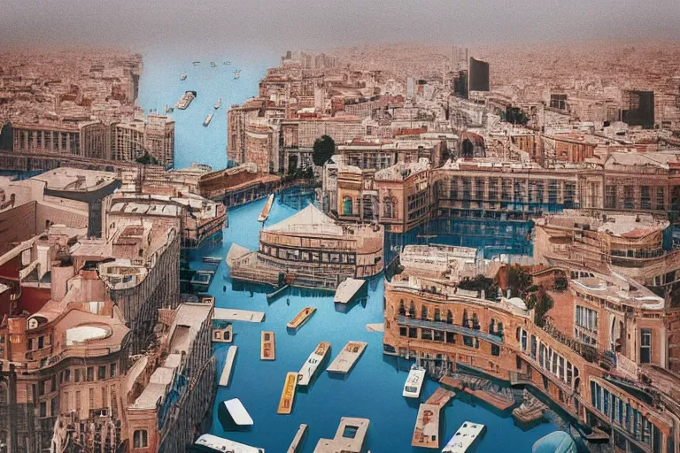 Image similar to touristic brochure to visit a catastrophic barcelona, buildings covered with high water, floating cars, catchy graphic design, photo real