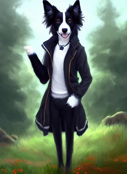 Image similar to full body digital painting of a cute male anthropomorphic border collie fursona wearing a jacket in front of a park, furaffinity, scenic background, intricate, elegant, beautiful, fantasy, highly detailed, glamor pose, trending on artstation, art by charlie bowater and henry asencio and and ross tran