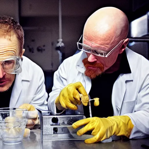 Image similar to elon musk and walter white cooking meth in a laboratory, amazing detail, detailed faces, sharp, 8k