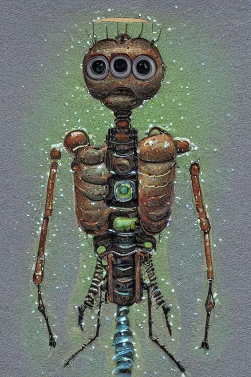 Prompt: a portrait of a robot!! insect creature! made from snow and soil, high detail, fluo details, muted colors, pointillism, harsh light