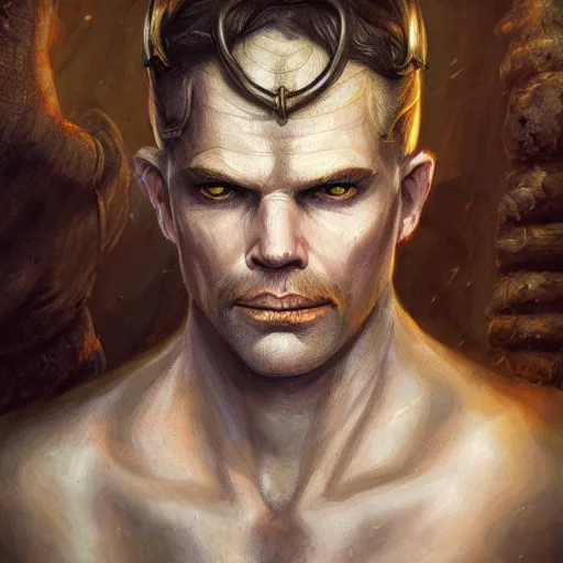 Image similar to a detailed matte head - on portrait painting of an middle - aged tiefling nobleman with white skin, golden eyes and short well kept hair, by charlie bowater, lise deharme, wlop, tending on arstation, dungeons and dragon, dnd, pathfinder, fanart, oil on canvas