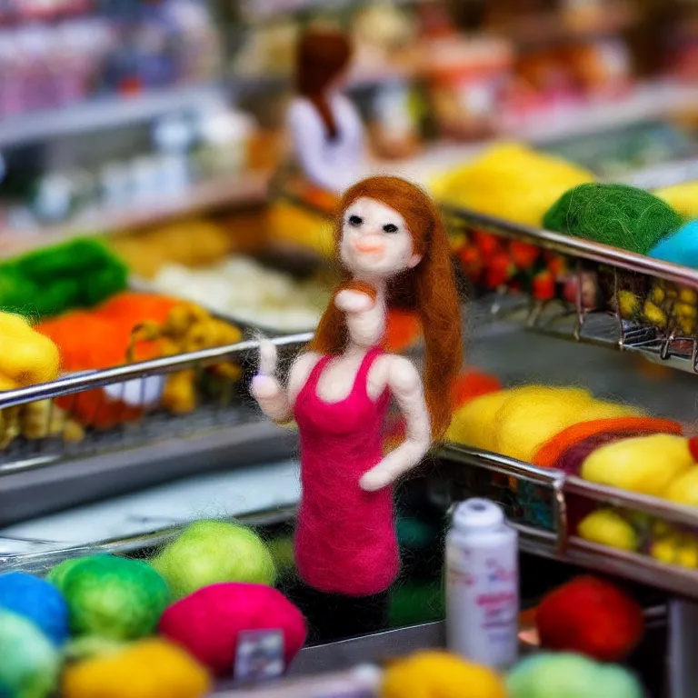 Image similar to needle felted person buying food at supermarket, highly detailed, tilt shift, cute, hyperrealism, highly textured, god rays