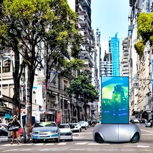 Image similar to Buenos Aires, futuristic, flying cars, futuristic hologram screens in the street