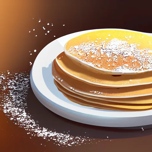 Image similar to highly detailed, art, realistic, pancakes sprinkled in white powder with hotdogs on top