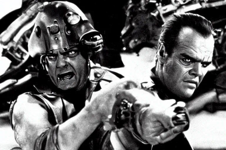 Image similar to Jack Nicholson plays Terminator, scene where he saves Sarah Connor, still from the film