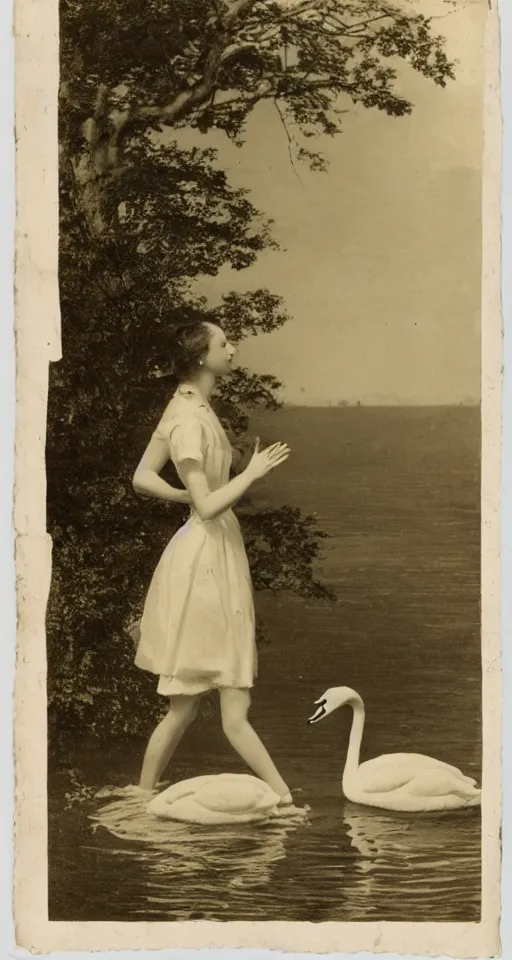 Prompt: A photograph of a young woman wearing a summer dress, with the head of a cat and swans for hands, walking on the surface of a lake