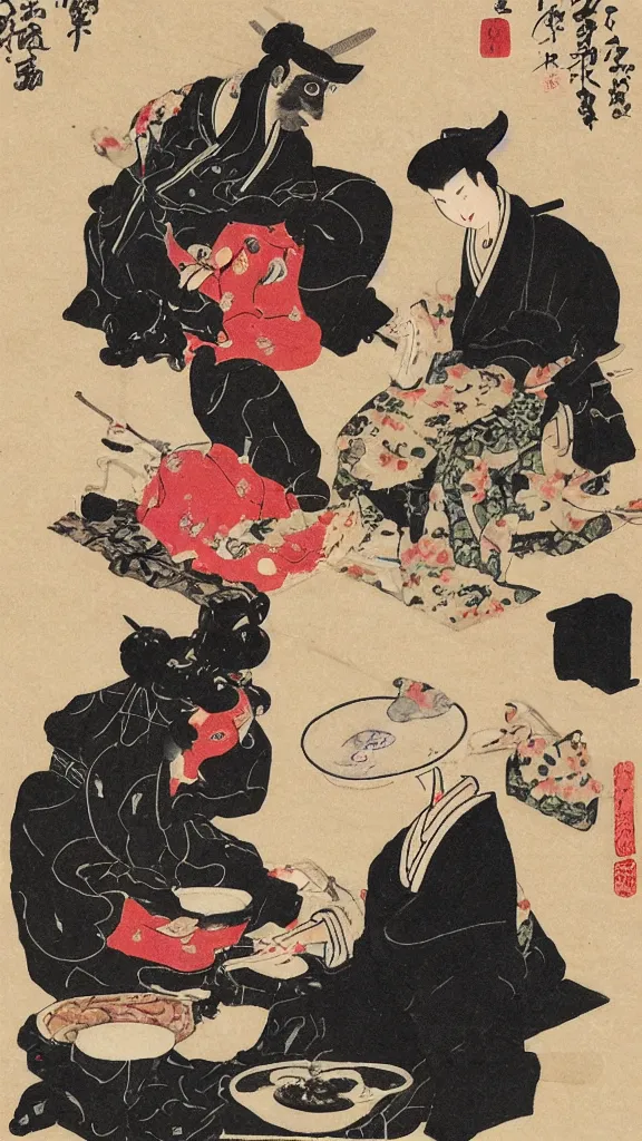 Image similar to Japanese tea ceremony between a cowboy and a dragon