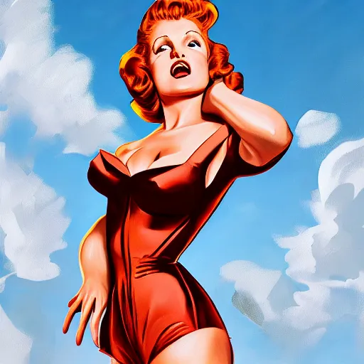 Image similar to rita hayworth, pinup, in the style of alex ross, 2 d, 4 k, unreal, intricate, digital painting, highly detailed, artstation, sharp focus, illustration,