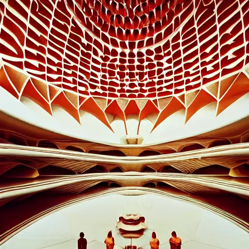 Image similar to interior of a futuristic lotus temple with gold, red and white marble panels, in the desert, by buckminster fuller and syd mead, intricate contemporary architecture, photo journalism, photography, cinematic, national geographic photoshoot