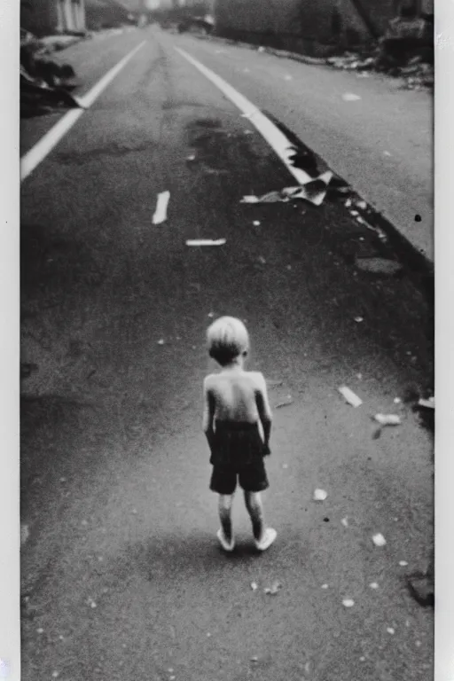 Prompt: photo polaroid of a sad and lonely child in the middle of a road destroyed by bombs ,war, has a gun in his hand, loneliness,, black and white ,photorealistic, 35mm film,
