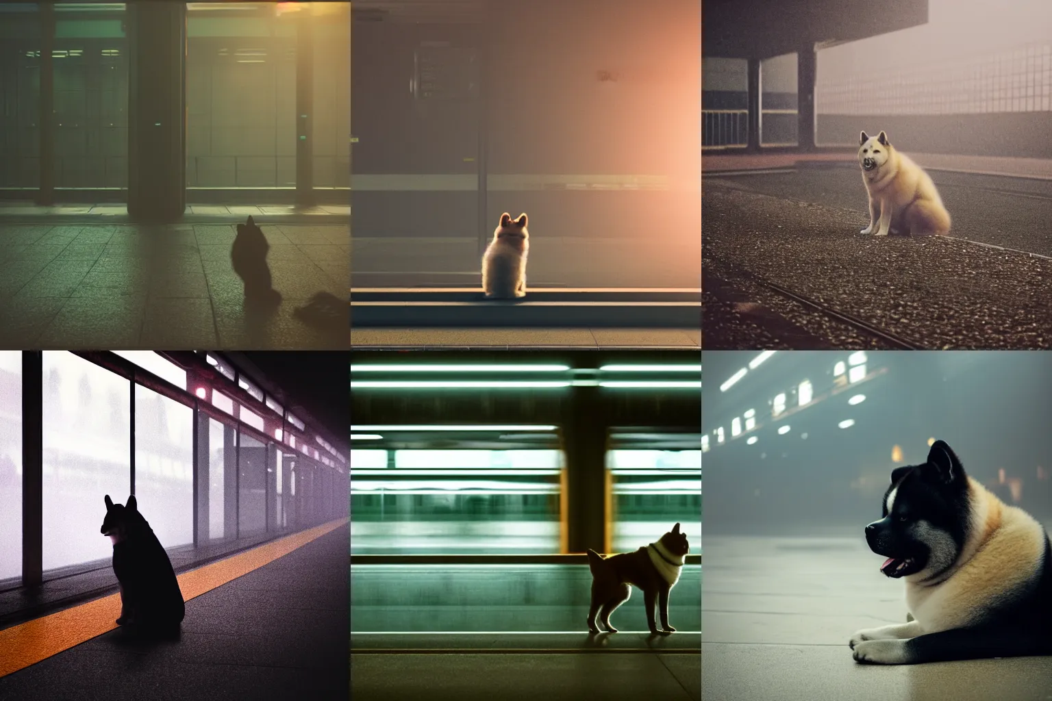 Prompt: high detail 35mm photo of a depressed akita inu waiting alone at an empty foggy train station, colorful top lighting, desolate, atmospheric, hazy, melancholic, autochrome, 8k, reflections, octane render, unreal engine 5
