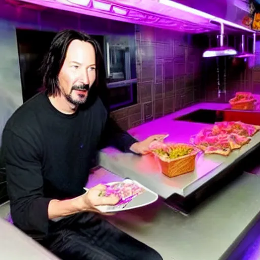 Image similar to keanu reeves enjoying taco bell in a cyberpunk styled kitchen, lit with neon lights