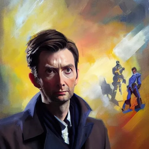 Image similar to greg manchess portrait painting of david tennant the 1 0 th doctor as overwatch character, medium shot, asymmetrical, profile picture, organic painting, sunny day, matte painting, bold shapes, hard edges, street art, trending on artstation, by huang guangjian and gil elvgren and sachin teng