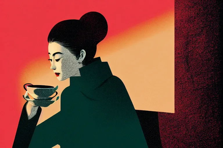 Prompt: editorial illustration by Karolis Strautniekas and Mads Berg ,Tsuruta Kenj style, portrait of a young woman drinking tea, colorful, fine texture,detailed, muted colors,film noir, dramatic lighting, dynamic composition,moody, vivid, matte print, Crepuscular rays