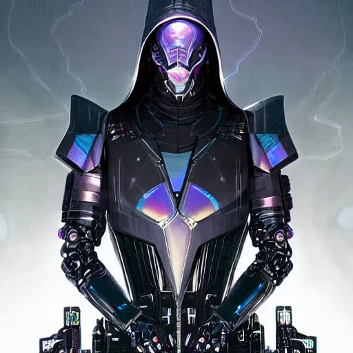 Prompt: matte digital artwork of the galactic assassin, intricate black sharp iridescent hooded cybernetic armour, iridescent technology and weapon, by greg rutkowski and tim white and artgerm