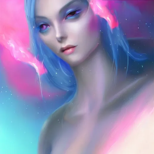 Image similar to A beautiful blue alien woman, pretty, pink smoke, artstation, deviantart, Charlie Bowater