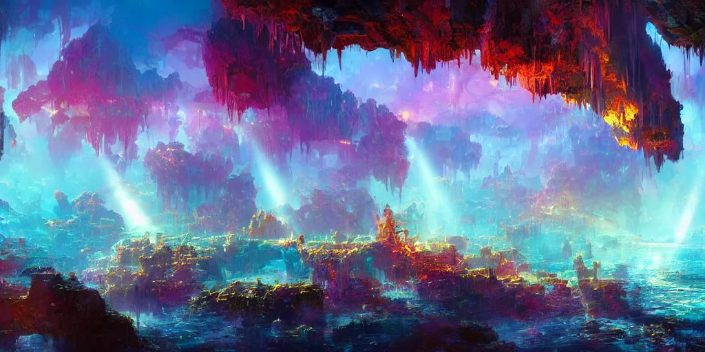 Prompt: ”mysterious crystal cavern fantasy landscape, [crepuscular rays, pools of water, rope bridges, colorful, art by wlop and paul lehr]”