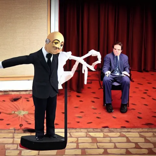 Image similar to puppeteer using marionette of a president in a podium