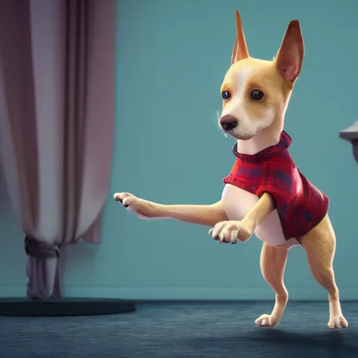 Prompt: still of woman working on her dog's clothing line, in the style of disney, comic book style, the dog is doing a ballet dance, highly detailed, 8k resolution, octane renderer