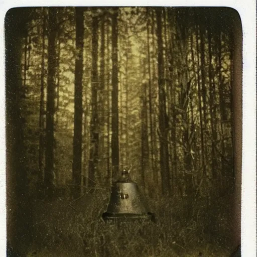 Image similar to old polaroid depicting a small intricate metallic alien probe, standing in a forest clearing