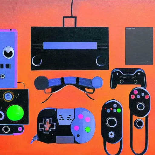 Prompt: a messy heap of electronic equipment including iPhones, vr headset, Nintendo Switch and PlayStation V, oil on canvas painted by Alberto Savinio, surrealism, bright pastel colors, photorealistic