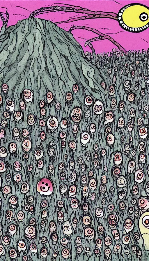 Image similar to a storm vortex made of many demonic eyes and teeth over a forest, by allie brosh