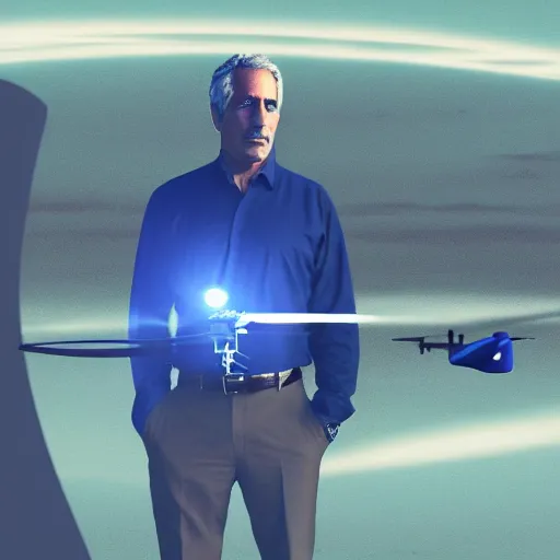 Image similar to aesthetic illustration of jeffrey epstein, wearing a dark blue polo shirt, standing by his global hawk surveillance drone on an empty runway at dusk, cinematic lighting, high detail, volumetric lights, pinterest wallpaper, trending on artstation