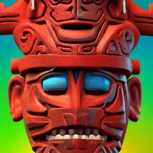 Image similar to closeup 3 d toy maori aztec god as funco toy, plastic, sss, octane 4 k render, studio lighting, artstation, cyan photographic backdrop, 1 0 5 mm, f 2. 8 aperture