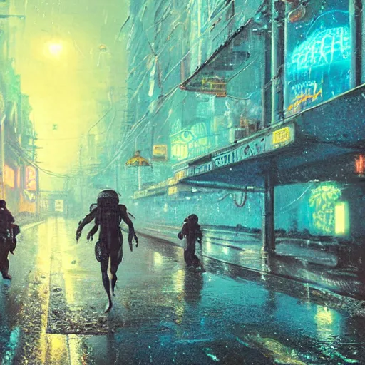 Prompt: jellyfish running on the street at night after the rain, with the silhouette of distant mountains in the background, cyberpunk style, darek zabrocki, 8 k