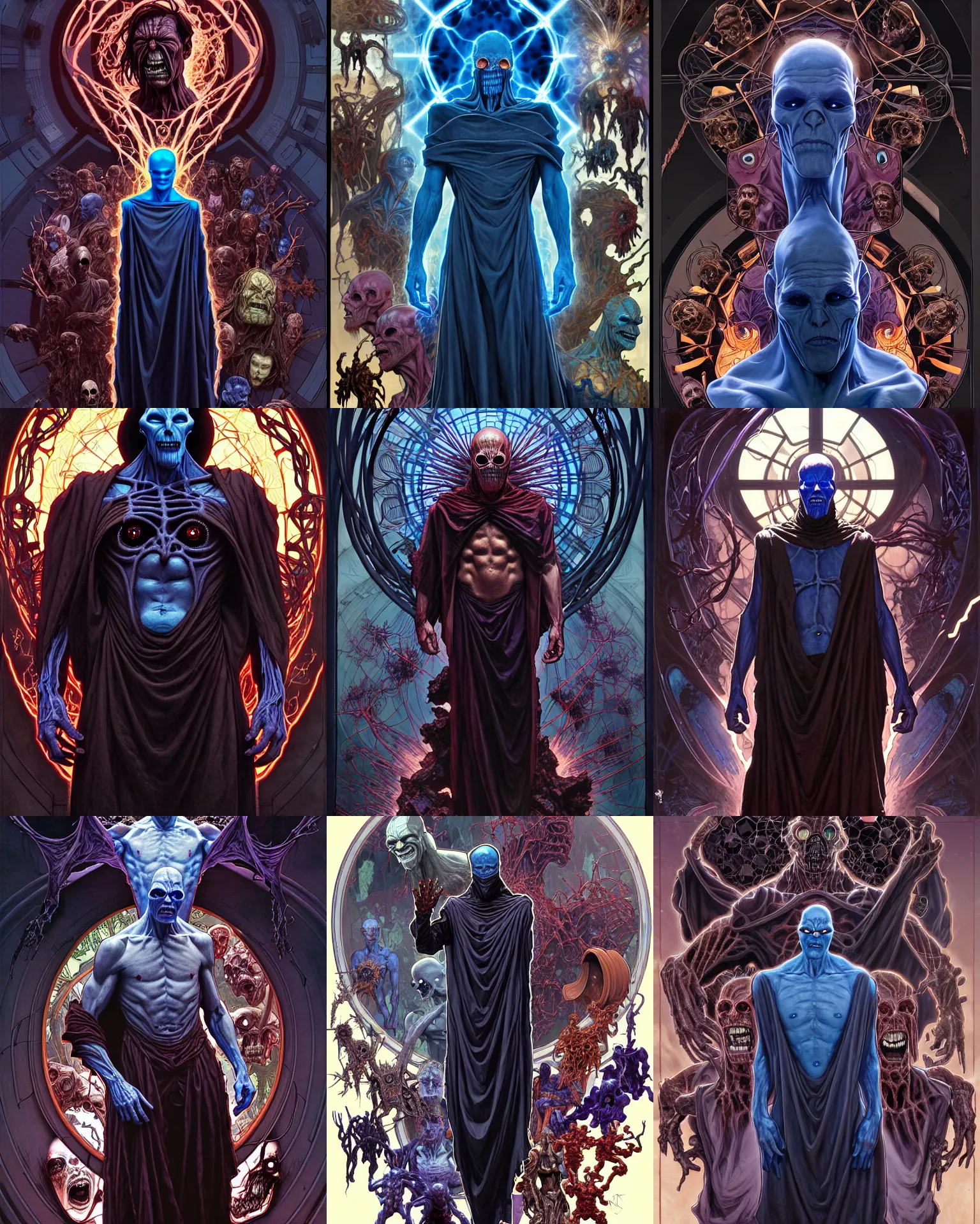 Prompt: the platonic ideal of infinite recursion of cletus kasady ultimate carnage thanos dementor doctor manhattan chtulu nazgul, detailed, intricate, hyperrealism, intense, scary, decay, dmt, art by brock hofer and artgerm and greg rutkowski and alphonse mucha