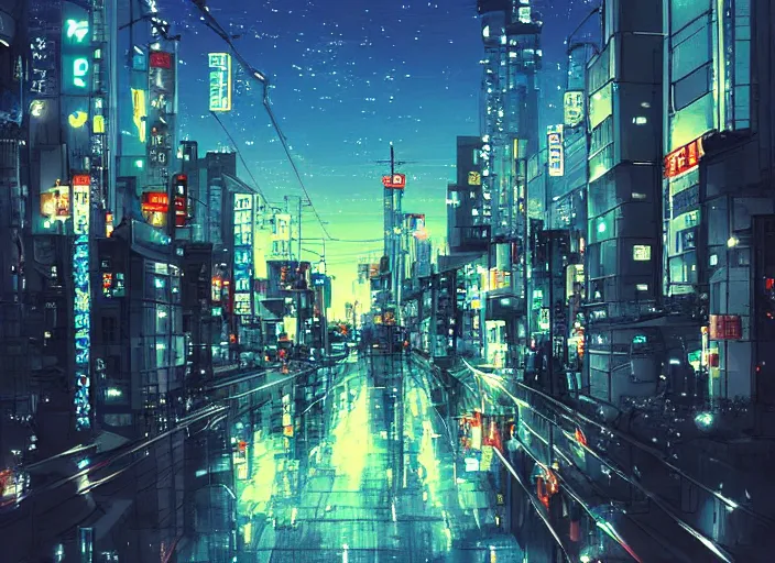 Image similar to beautiful anime landscape of tokyo at night by makoto shinkai