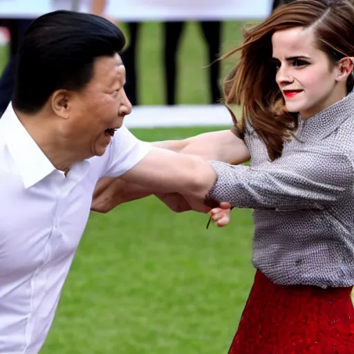 Image similar to emma watson dropkicks xi jinping, journalistic footage, 4 k