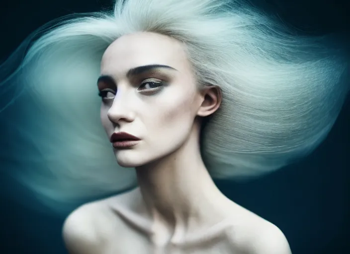 Image similar to cinestill 5 0 d photo of a pre - raffaellite beautiful woman, dreamy, subsurface scattering, hair floating in air in style of paolo roversi, 1 5 0 mm lens, f 1. 2, sharp focus, emotionally evoking, head in focus, stormy outdoor, matt dreamy colour background, volumetric lighting, hyper realistic, ultra detailed