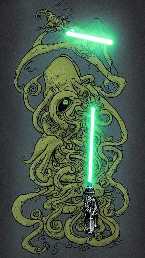 Image similar to Cthulhu wearing a Sherlock Holmes's hat and holding a lightsaber